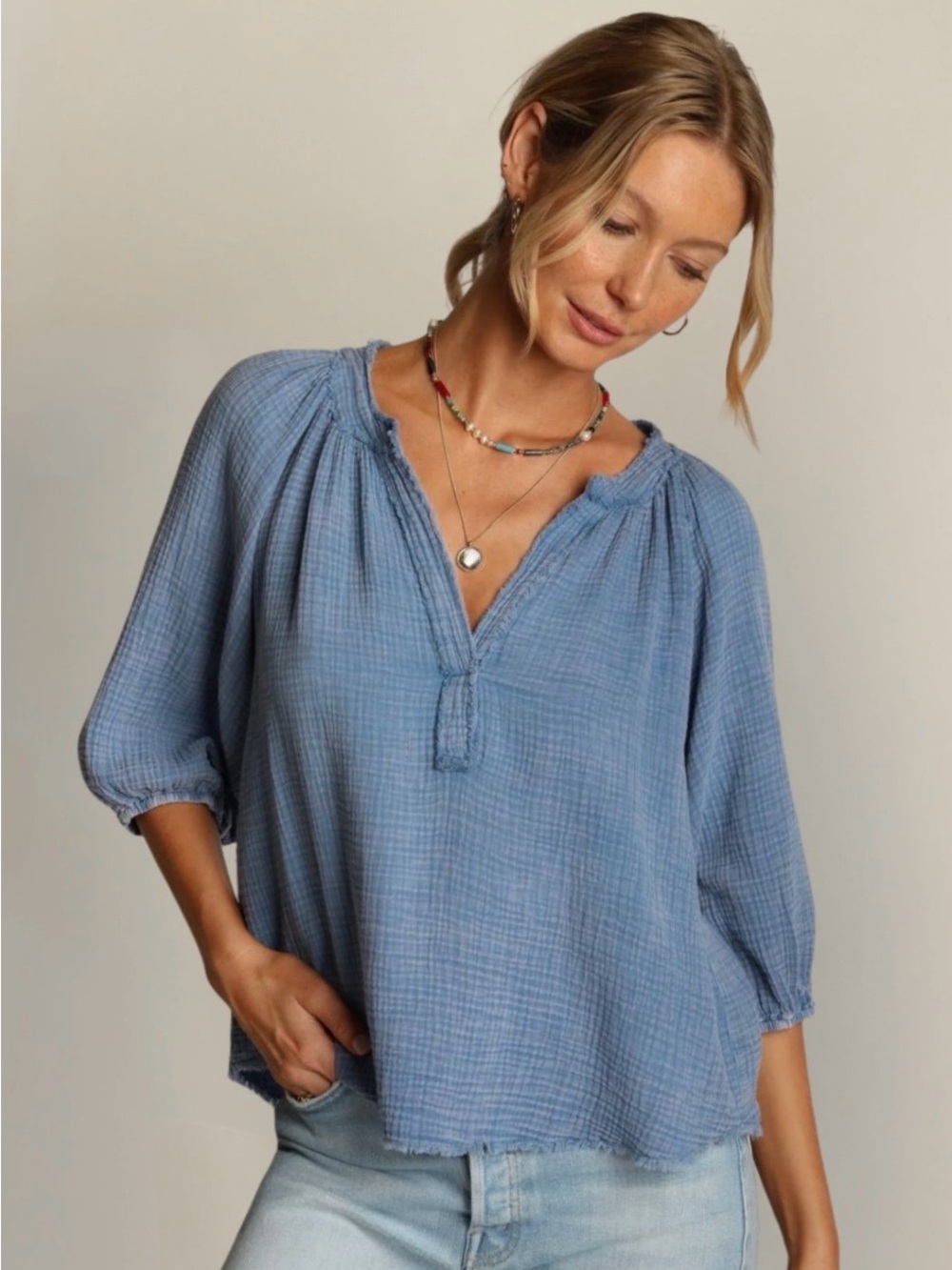 NEW Chelsea & Theodore Soft Summer Blue Gauze Peasant Top L